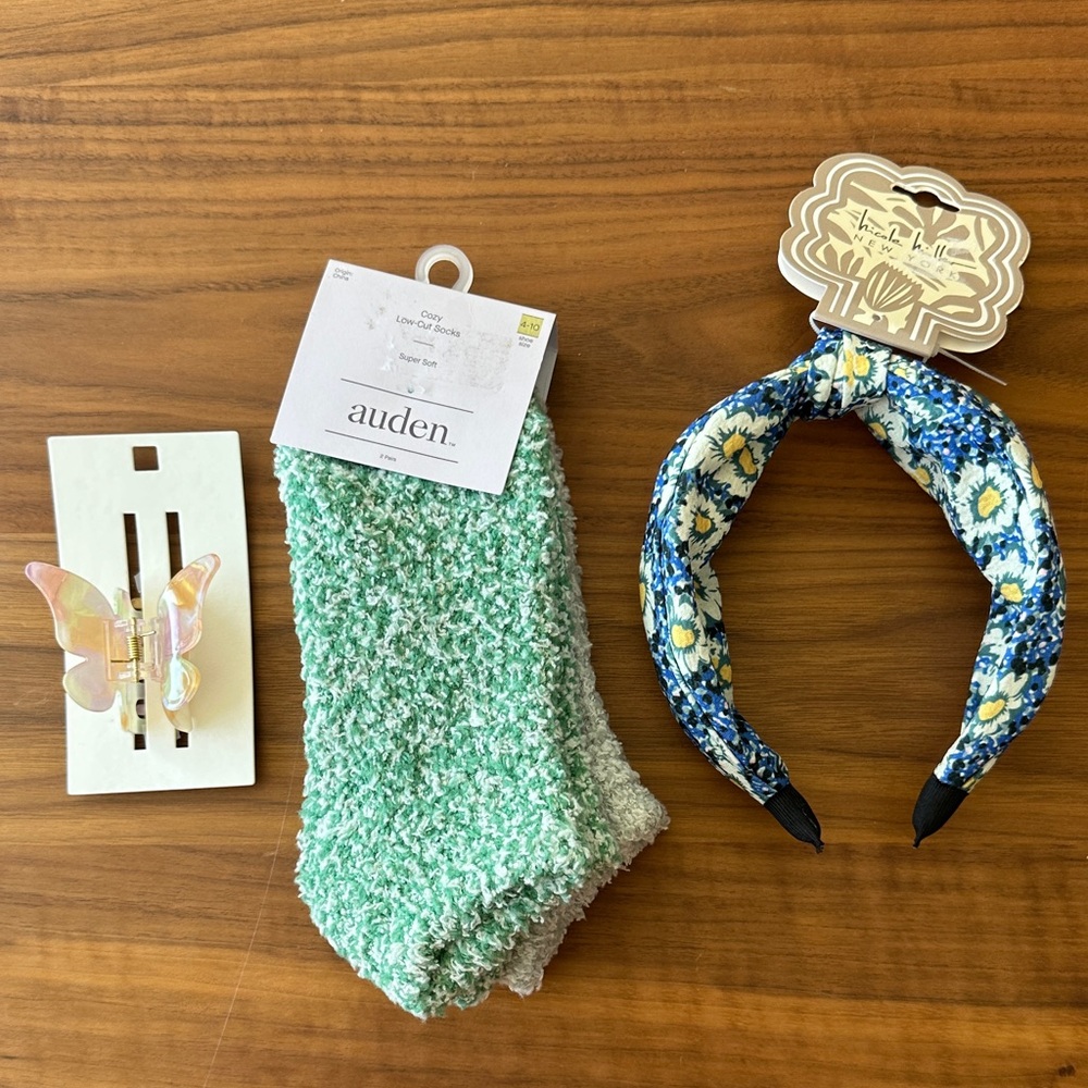 NWT Nicole Miller Floral Headband - Auden Cozy Socks - Butterfly Clip
